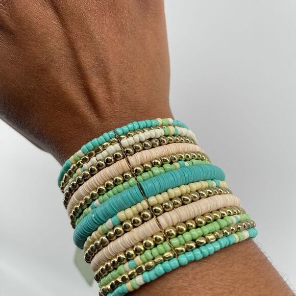 Icon Collection Boho Teal Cream Heishi Bead Multi-Layer Wrap Cuff Bracelet NWT - Picture 7 of 7